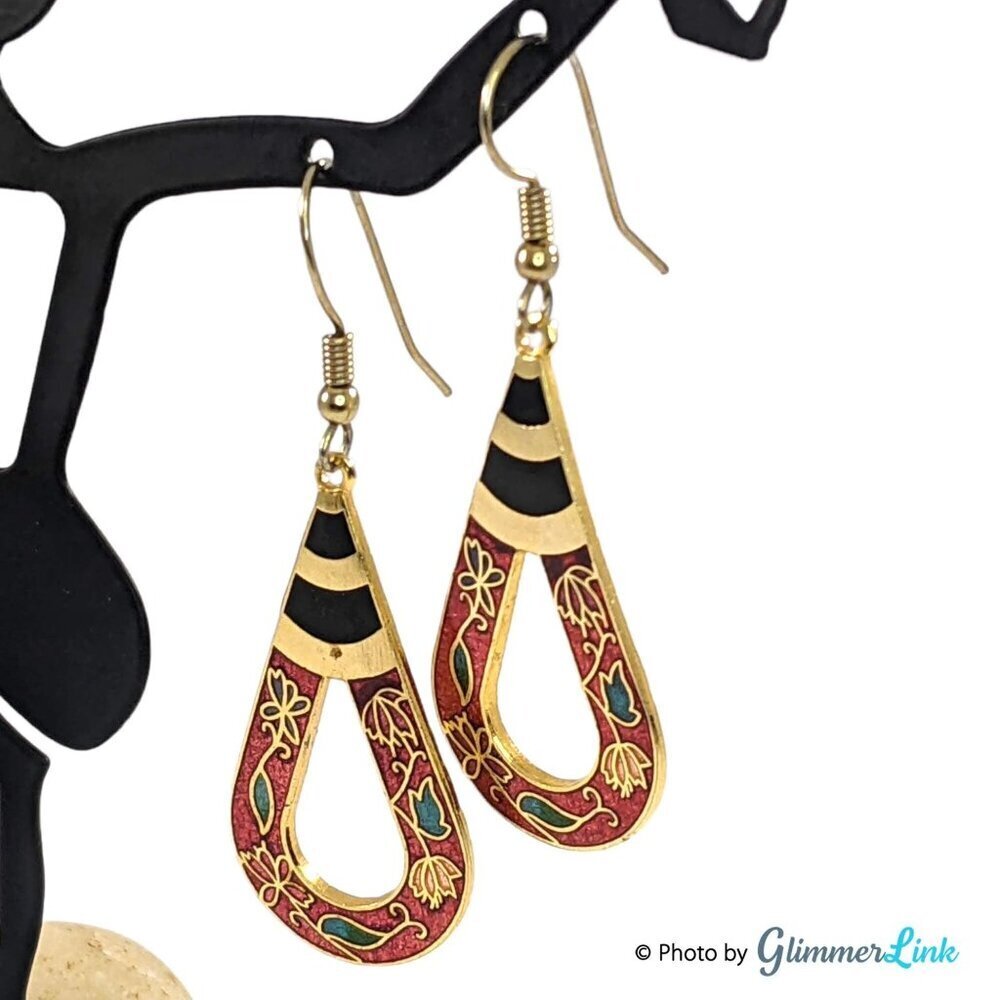 Vintage Red Cloisonne Floral Teardrop Black Stripes Gold Tone Dangle Earrings